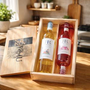 Weingeschenk „Rigau Ros“ – Blanco & Rosado in edler Holzkiste